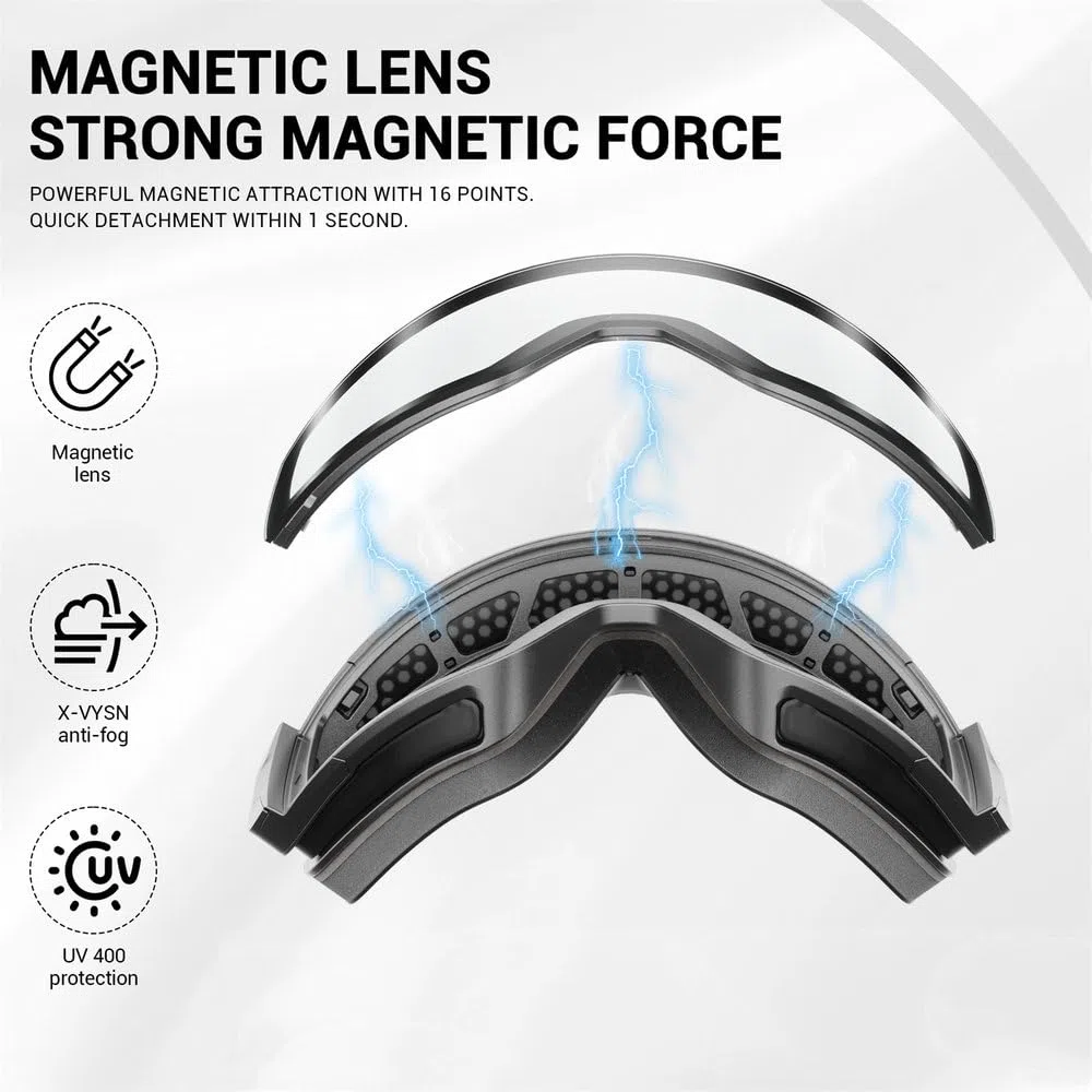 Lunettes de ski élégantes pour hommes et femmes, antibuée, magnétiques, à large champ de vision, pour la randonnée et l'alpinisme en plein air, avec protection contre le vent et les UV, argent cla