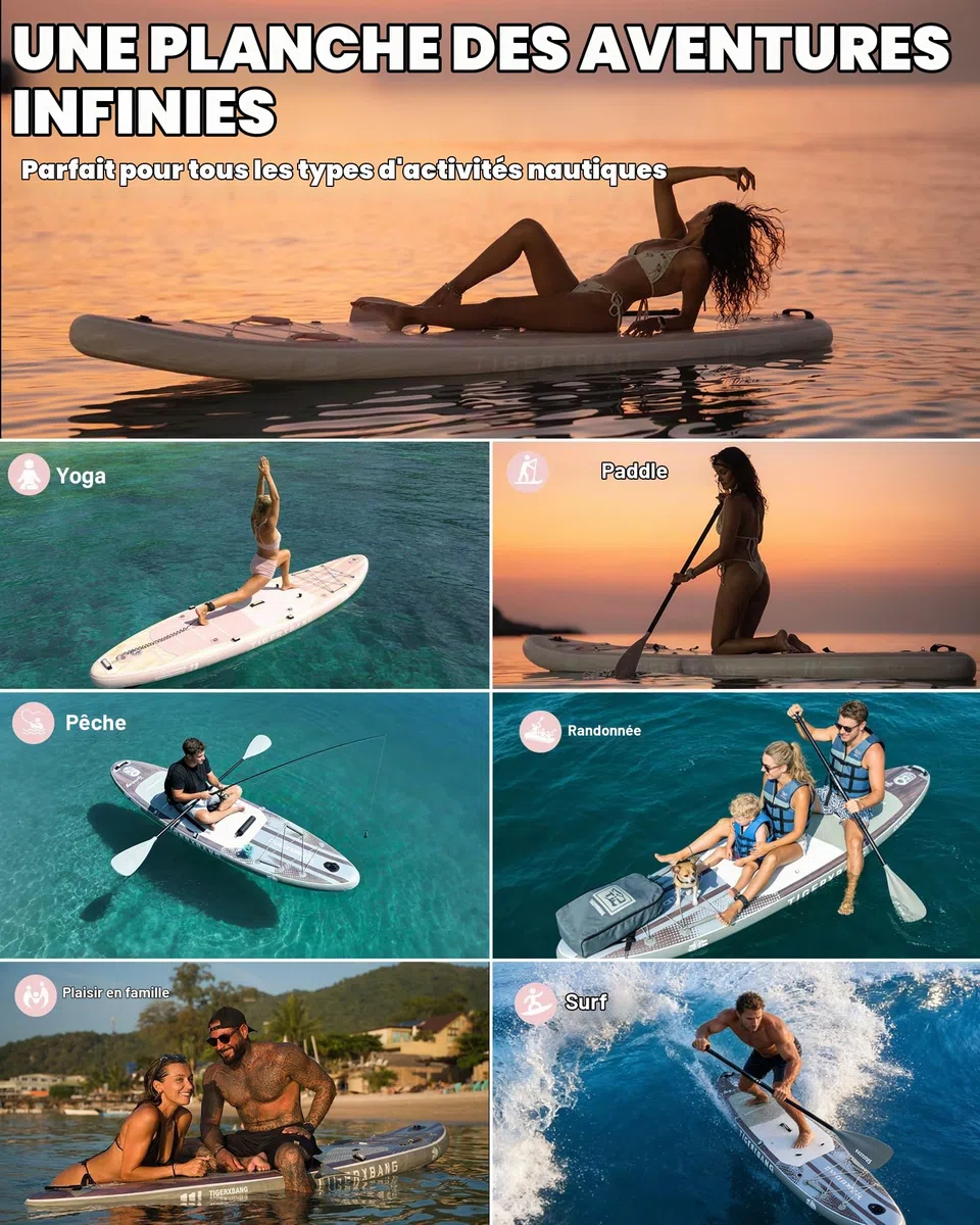 TIGERXBANG Planche à pagaie gonflable avec accessoires de planche SUP, pont antidérapant en EVA, planche à pagaie de 3,9 m/3 m pour adultes et jeunes – Tous niveaux de compétence, rose