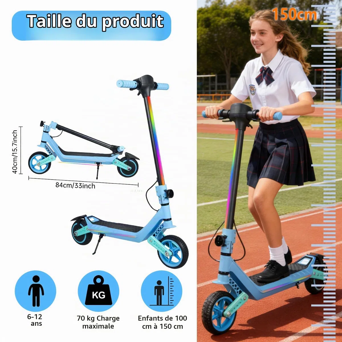 Trottinette électrique Pliable pour Enfants de 6 à 14 Ans - 16,5 cm - 3 écrans LED réglables - Légère - Portée maximale : 15/7/6 km - 2/3 Modes (8-16 km/h)