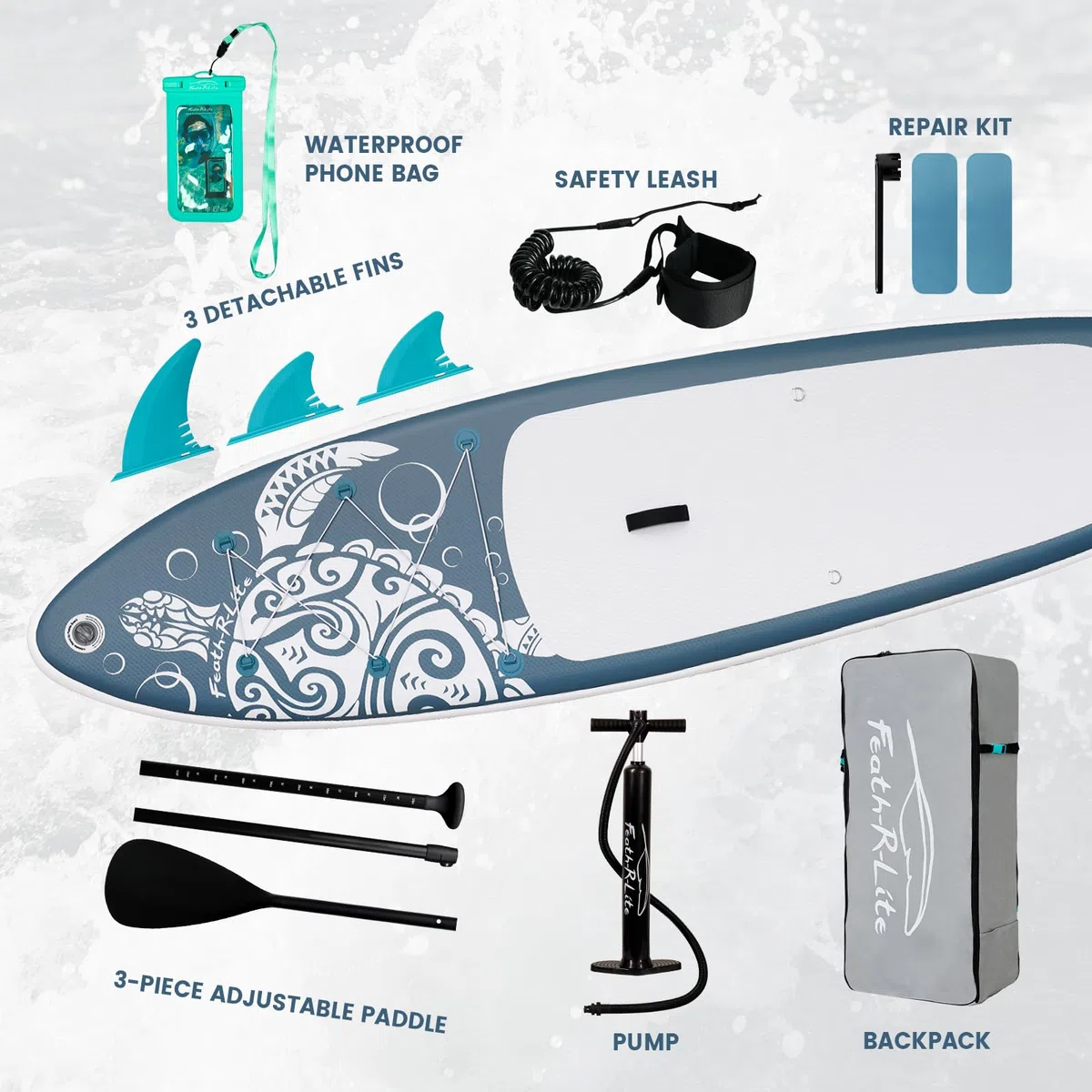 FEATH-R-LITE Planche à pagaie Gonflable Ultra légère (8,6 kg) ISUP avec Accessoires, ailerons, pagaie réglable, Pompe, Sac à Dos, Laisse, Sac de téléphone étanche - 3 m x 76 x 15 cm