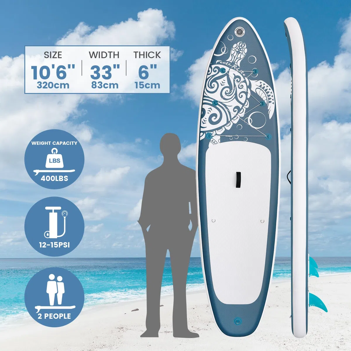 FEATH-R-LITE Planche à pagaie Gonflable Ultra légère (8,6 kg) ISUP avec Accessoires, ailerons, pagaie réglable, Pompe, Sac à Dos, Laisse, Sac de téléphone étanche - 3 m x 76 x 15 cm