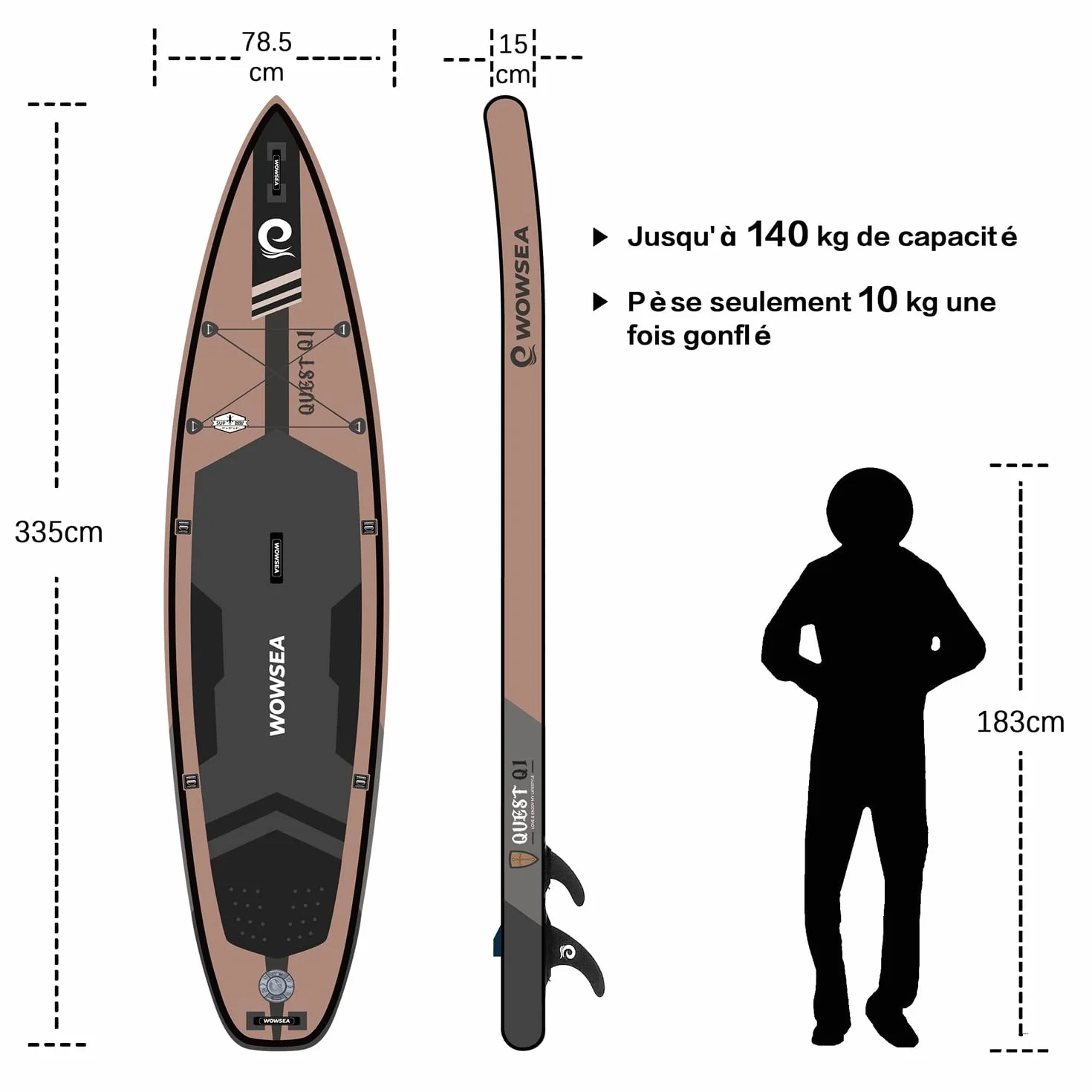 WOWSEA Quest Q1 Planche de Stand up Paddle Gonflable, Durable et Stable, pour la Chasse et la pêche, avec Accessoires iSUP, idéale pour Les Loisirs Aquatiques et l'enseignement.