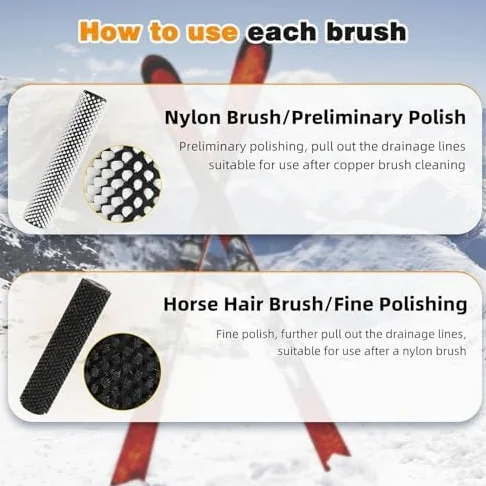 Kit de brosse de cire de ski avec axe de manche et 3 brosses en nylon et crin de cheval pour snowboard épilation à la cire avec perceuse électrique