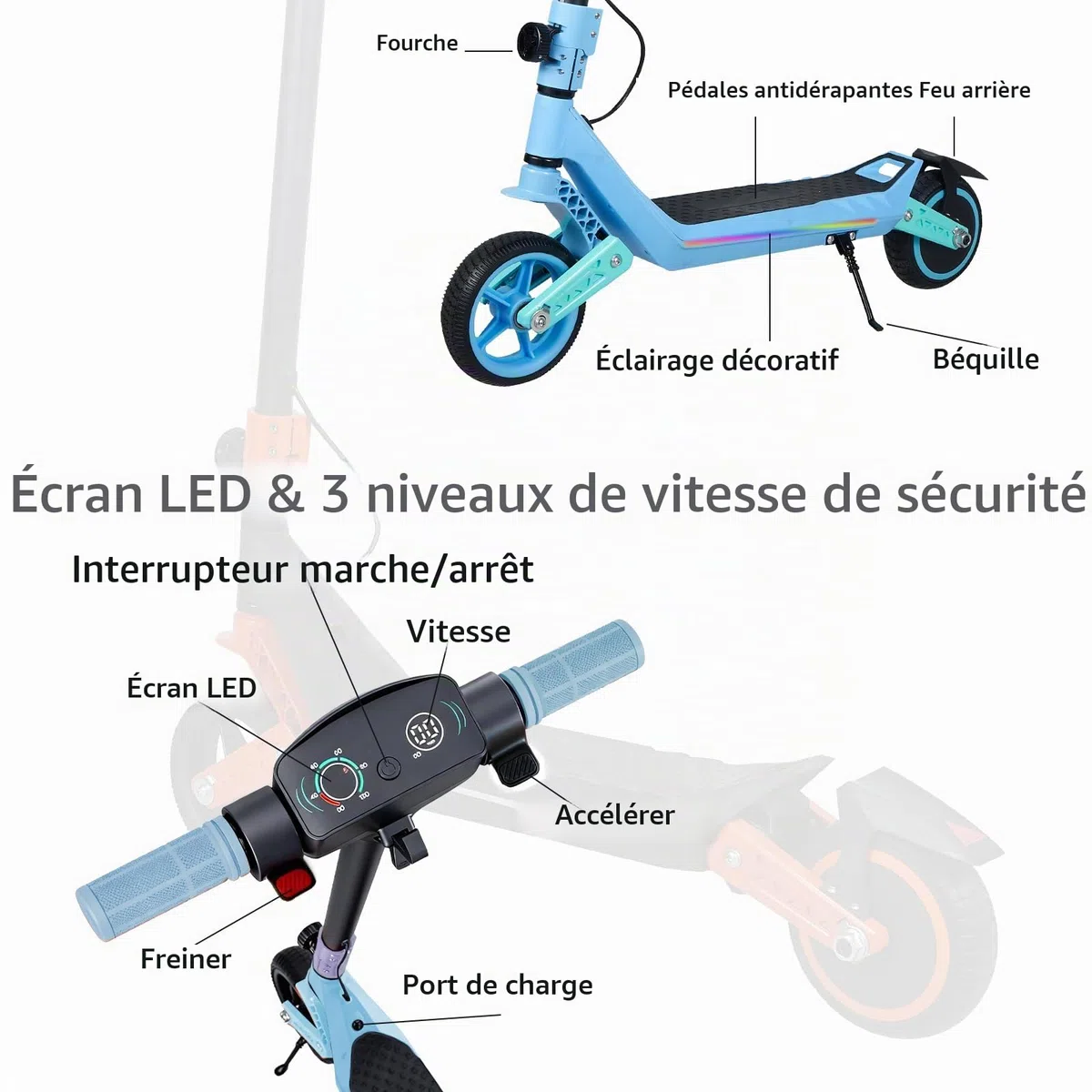Trottinette électrique Pliable pour Enfants de 6 à 14 Ans - 16,5 cm - 3 écrans LED réglables - Légère - Portée maximale : 15/7/6 km - 2/3 Modes (8-16 km/h)