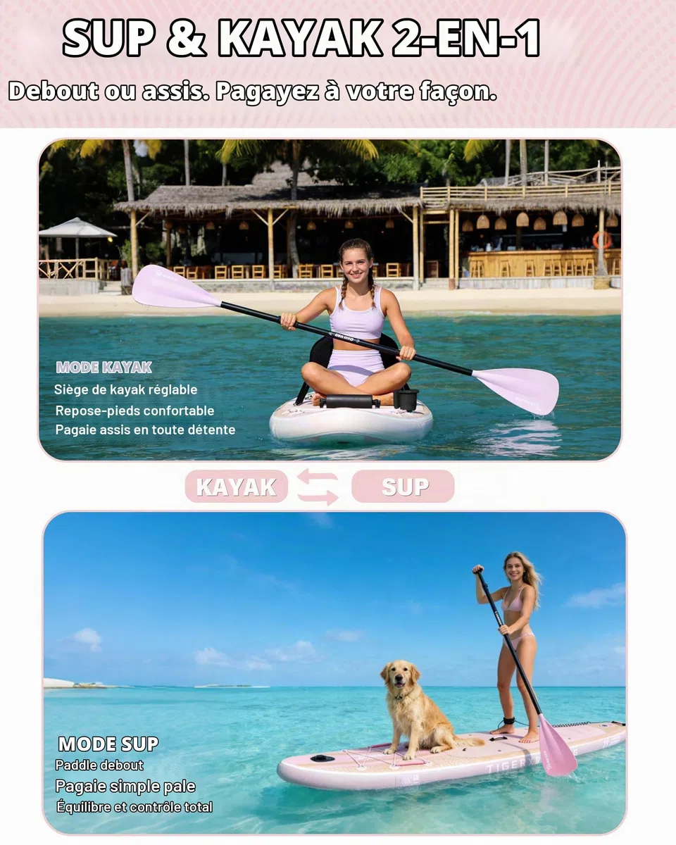 TIGERXBANG Planche à pagaie gonflable avec accessoires de planche SUP, pont antidérapant en EVA, planche à pagaie de 3,9 m/3 m pour adultes et jeunes – Tous niveaux de compétence, rose