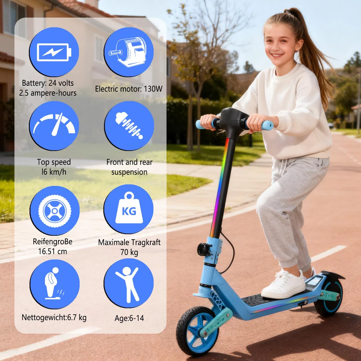Trottinette électrique Pliable pour Enfants de 6 à 14 Ans - 16,5 cm - 3 écrans LED réglables - Légère - Portée maximale : 15/7/6 km - 2/3 Modes (8-16 km/h)