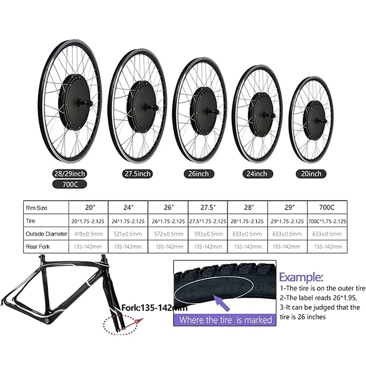 20 ", 24", 26 ", 27,5", 28 ", 29", 700c Kit de Conversion de vélo électrique pour Roue Avant Kit de Conversion de vélo électrique Kit de vélo électrique avec écran LCD 48V/500W-24inch