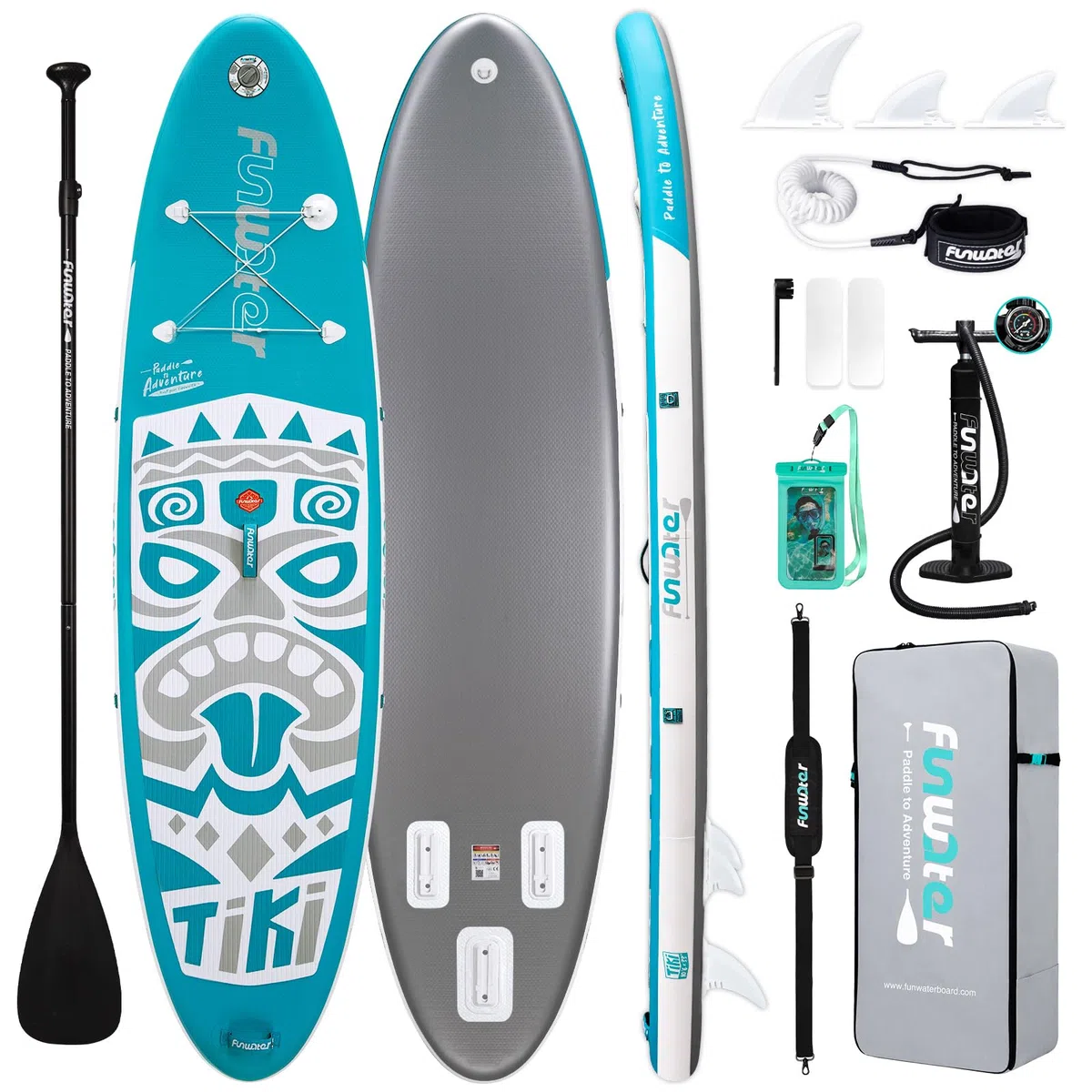 FunWater Sup Gonflable Ultra léger (8 kg) pour Tous Les Niveaux de compétence Tout Inclus avec Planche à pagaie, pagaie réglable, Pompe, Sac à Dos de Voyage ISUP, Laisse, Sac étanche