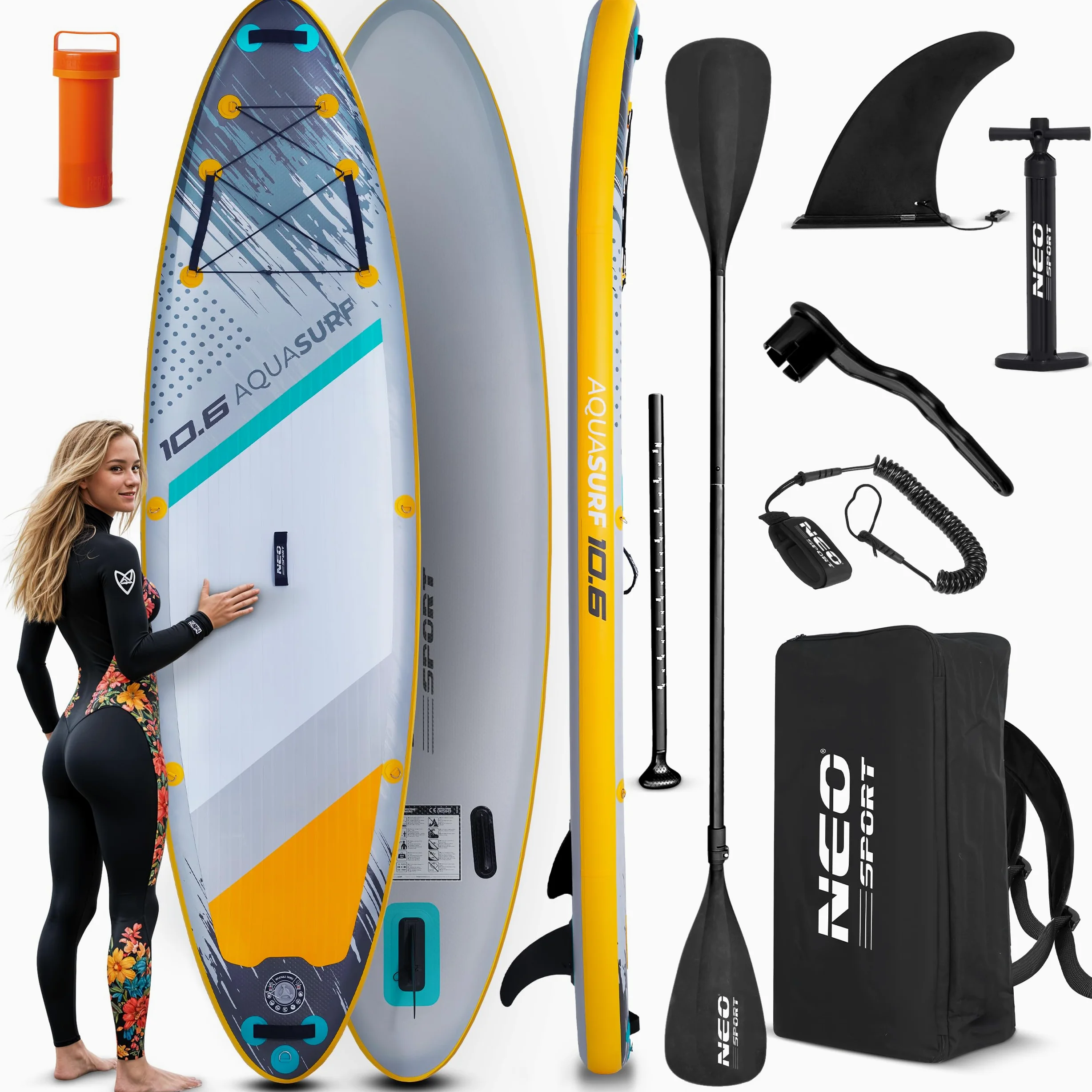 Neo-Sport Sup Planche Gonflable - 320 cm - Kit d'accessoires - Pompe à Main Paddle Leash Sac à Dos - Aquasurf 10.6