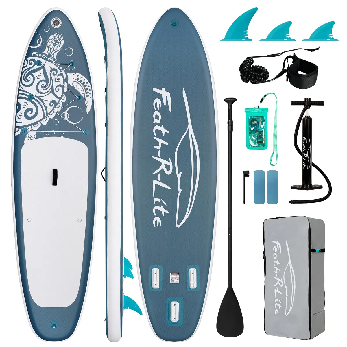 FEATH-R-LITE Planche à pagaie Gonflable Ultra légère (8,6 kg) ISUP avec Accessoires, ailerons, pagaie réglable, Pompe, Sac à Dos, Laisse, Sac de téléphone étanche - 3 m x 76 x 15 cm