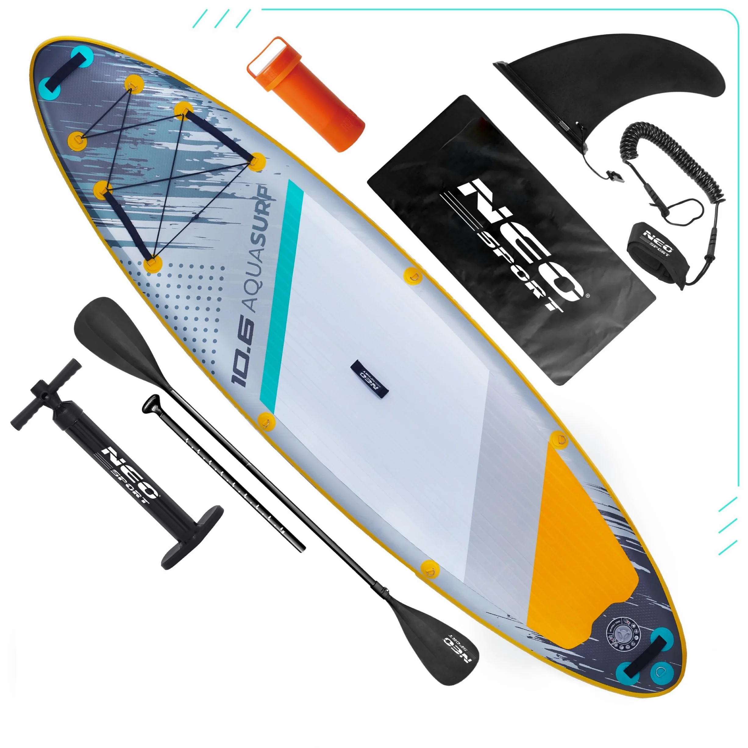 Neo-Sport Sup Planche Gonflable - 320 cm - Kit d'accessoires - Pompe à Main Paddle Leash Sac à Dos - Aquasurf 10.6