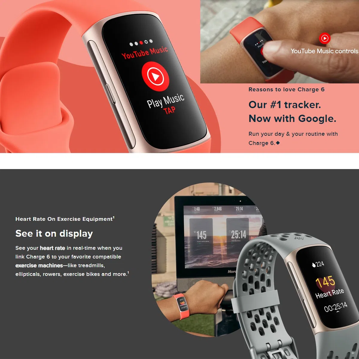 Fitbit Montre de suivi d'activité Charge 6 avec applications Google (Noir) Ensemble avec bracelet en silicone confortable PremGear 3, câble de charge de 0,9 m, adaptateur, protections d'écran et