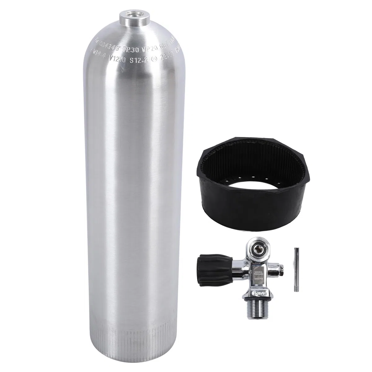 Bouteille de plongée Professionnelle 12 L en Alliage d'aluminium Poli, Haute Pression, Portable, avec raccord de Valve et Base.