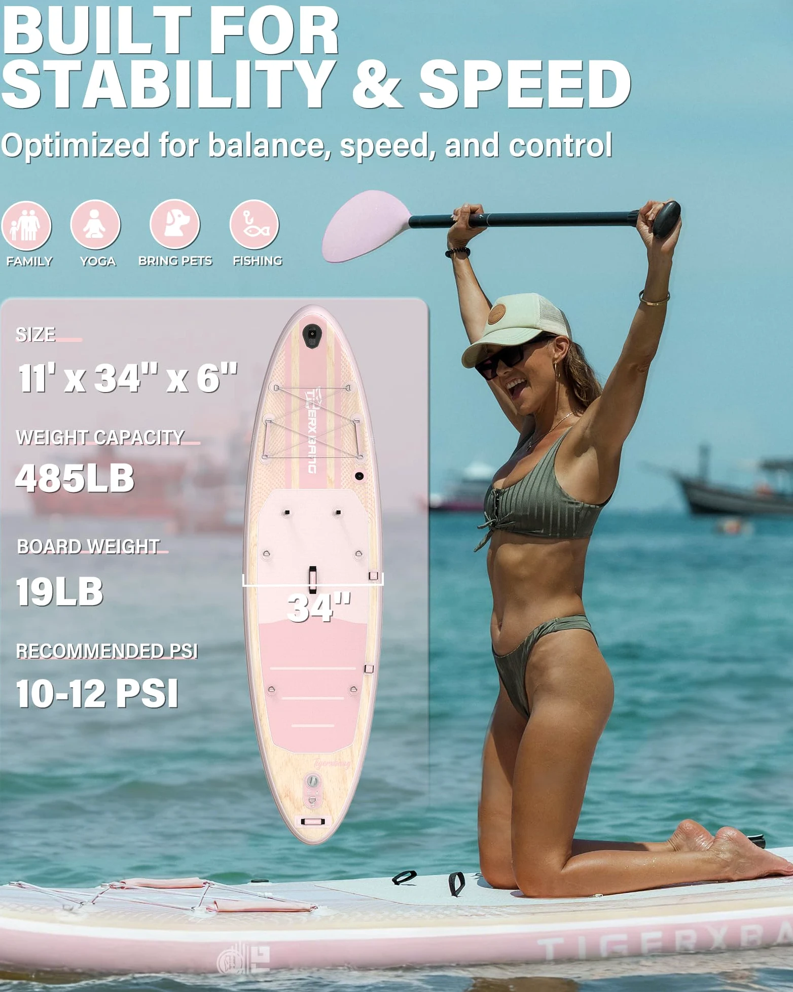 TIGERXBANG Planche à pagaie gonflable avec accessoires de planche SUP, pont antidérapant en EVA, planche à pagaie de 3,9 m/3 m pour adultes et jeunes – Tous niveaux de compétence, rose