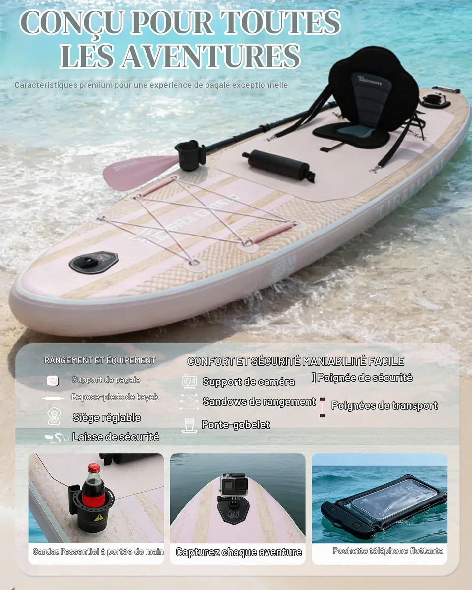 TIGERXBANG Planche à pagaie gonflable avec accessoires de planche SUP, pont antidérapant en EVA, planche à pagaie de 3,9 m/3 m pour adultes et jeunes – Tous niveaux de compétence, rose