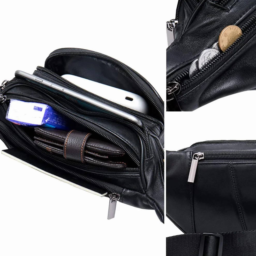 Sac banane en cuir véritable pour homme et femme - Pour voyage, randonnée, course à pied, téléphone et portefeuille, noir, Vintage