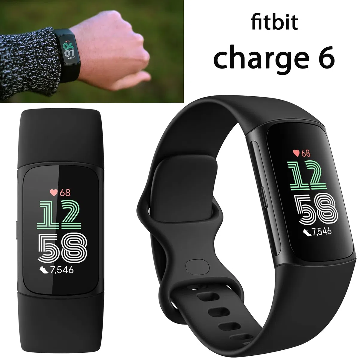 Fitbit Montre de suivi d'activité Charge 6 avec applications Google (Noir) Ensemble avec bracelet en silicone confortable PremGear 3, câble de charge de 0,9 m, adaptateur, protections d'écran et