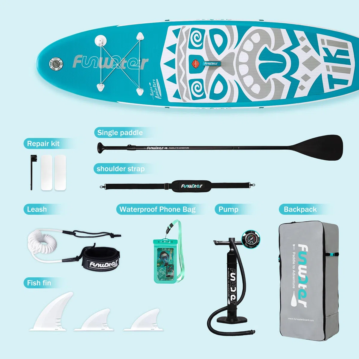FunWater Sup Gonflable Ultra léger (8 kg) pour Tous Les Niveaux de compétence Tout Inclus avec Planche à pagaie, pagaie réglable, Pompe, Sac à Dos de Voyage ISUP, Laisse, Sac étanche