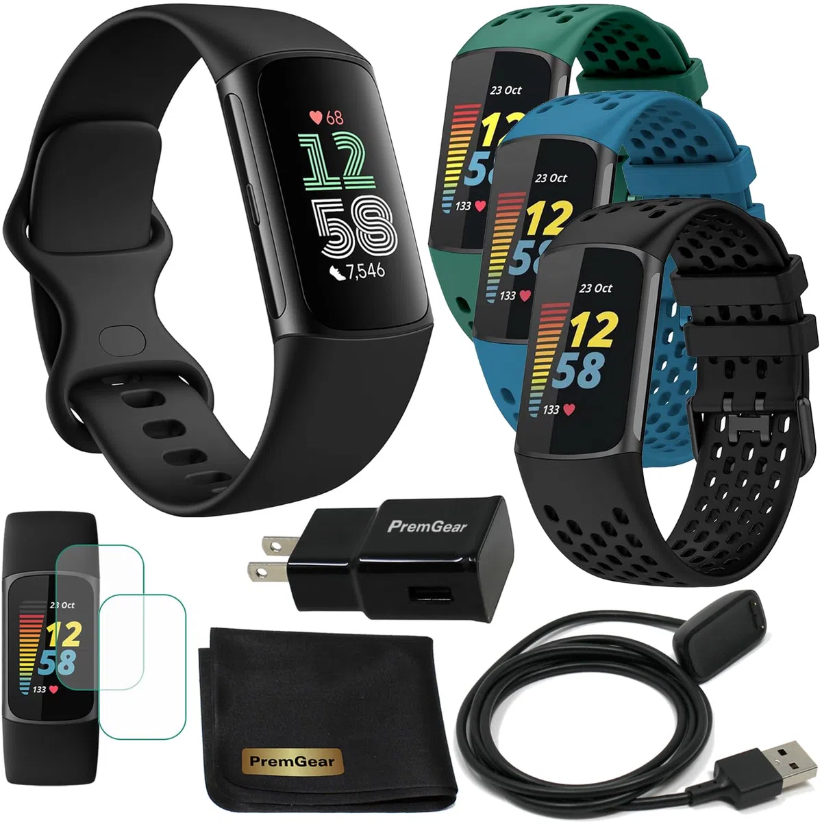 Fitbit Montre de suivi d'activité Charge 6 avec applications Google (Noir) Ensemble avec bracelet en silicone confortable PremGear 3, câble de charge de 0,9 m, adaptateur, protections d'écran et