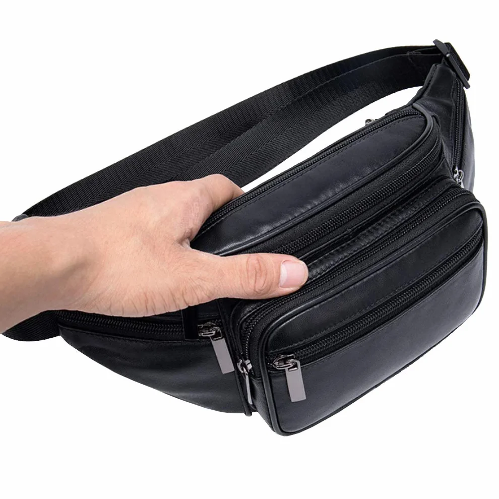 Sac banane en cuir véritable pour homme et femme - Pour voyage, randonnée, course à pied, téléphone et portefeuille, noir, Vintage