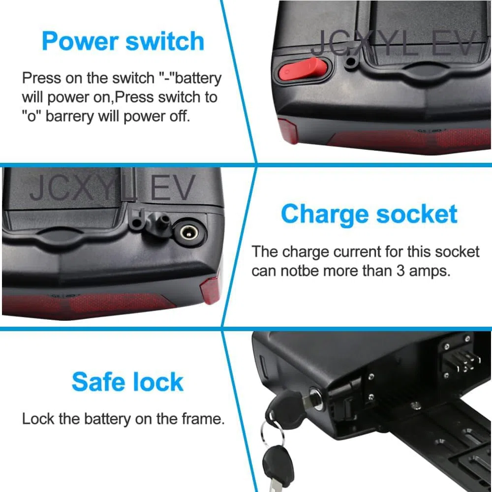 Batterie Lithium pour Porte-Bagages arrière de vélo électrique (36 V, 48 V, 10,4 Ah, 13 Ah, 15 Ah, 17 Ah)