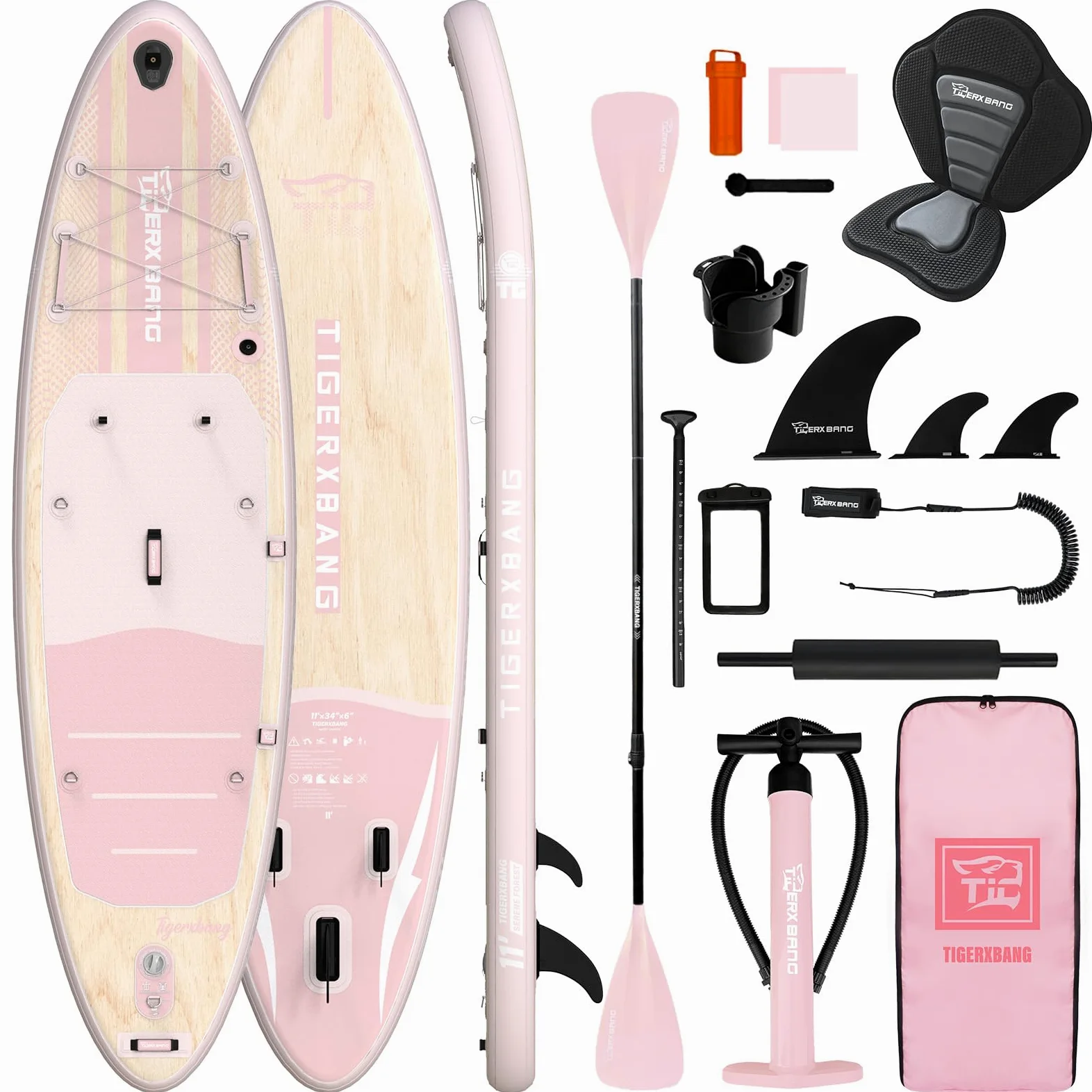 TIGERXBANG Planche à pagaie gonflable avec accessoires de planche SUP, pont antidérapant en EVA, planche à pagaie de 3,9 m/3 m pour adultes et jeunes – Tous niveaux de compétence, rose